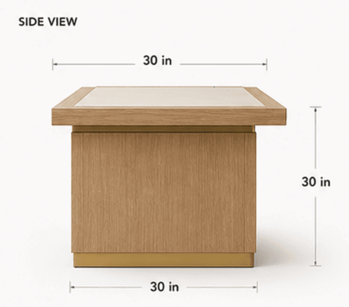 A modern square side table with a light wood finish body, a contrasting lighter top insert, and a metallic, likely brass-finished, base trim. The table measures 30x30x30 inches. — 3D model