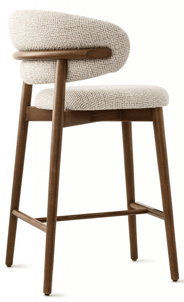 A contemporary bar stool featuring a solid wood frame with a dark brown finish and an upholstered seat and backrest in a light-colored, textured fabric. The backrest is subtly curved and includes a distinctive horizontal wooden support bar. — 3D model