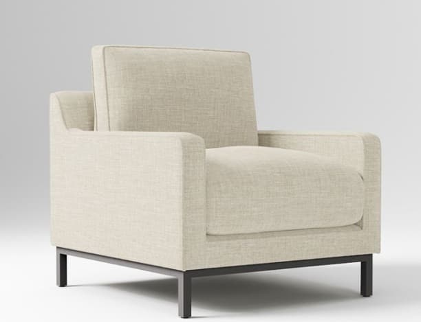 A modern armchair with a clean, boxy silhouette. The armchair features upholstered cushions for the seat and back, and has fixed, straight arms. It is supported by a minimalist, dark-colored metal frame and legs. — 3D model
