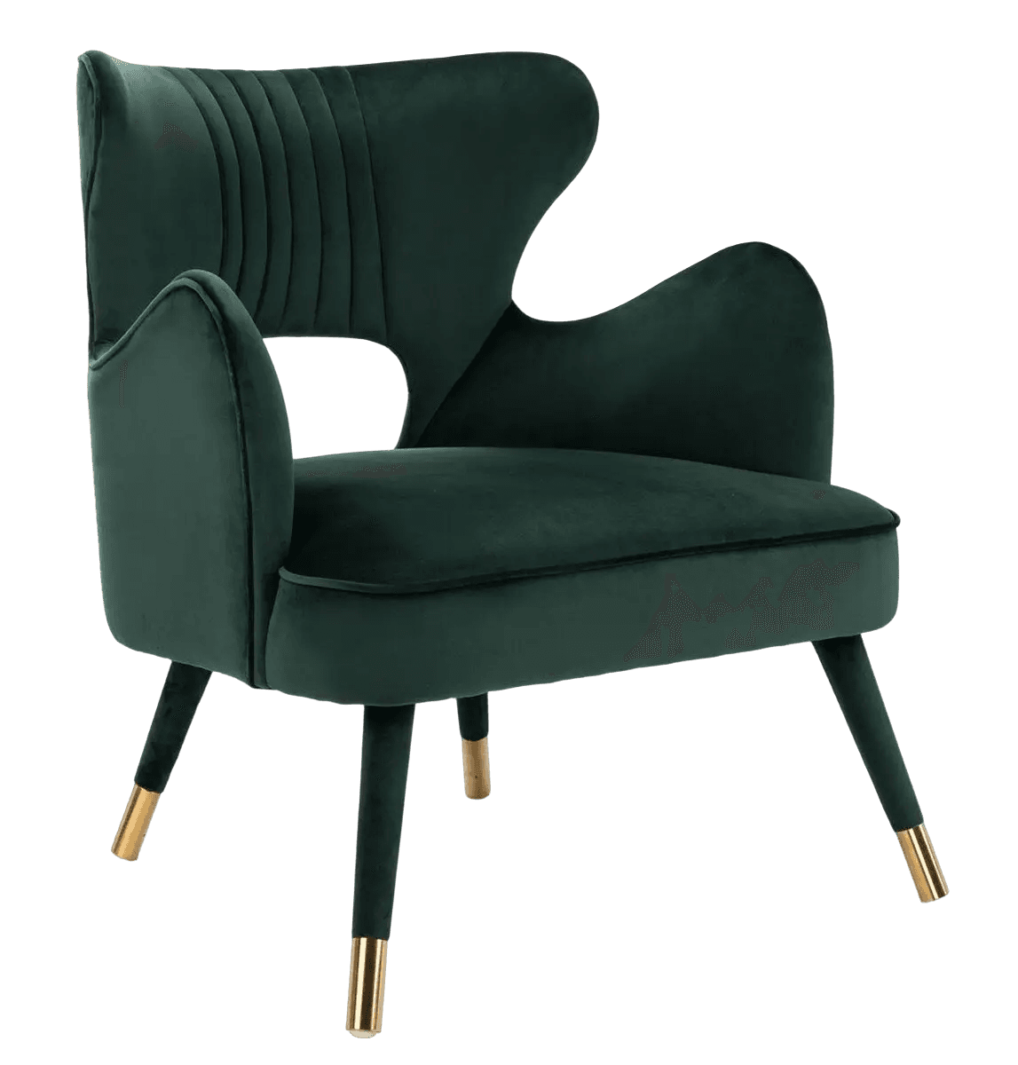 An elegant emerald green velvet accent chair featuring a sculpted form, fluted back detail, and gold-capped tapered legs. The chair has an open back design with gracefully curved arms, suitable for luxurious interior settings. — 3D model