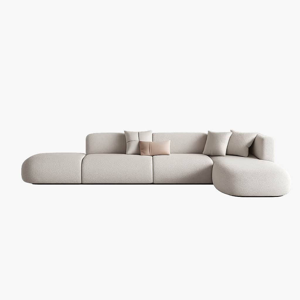 A modern modular sectional sofa upholstered in a light beige bouclé fabric. It features a low-profil… — 3D model
