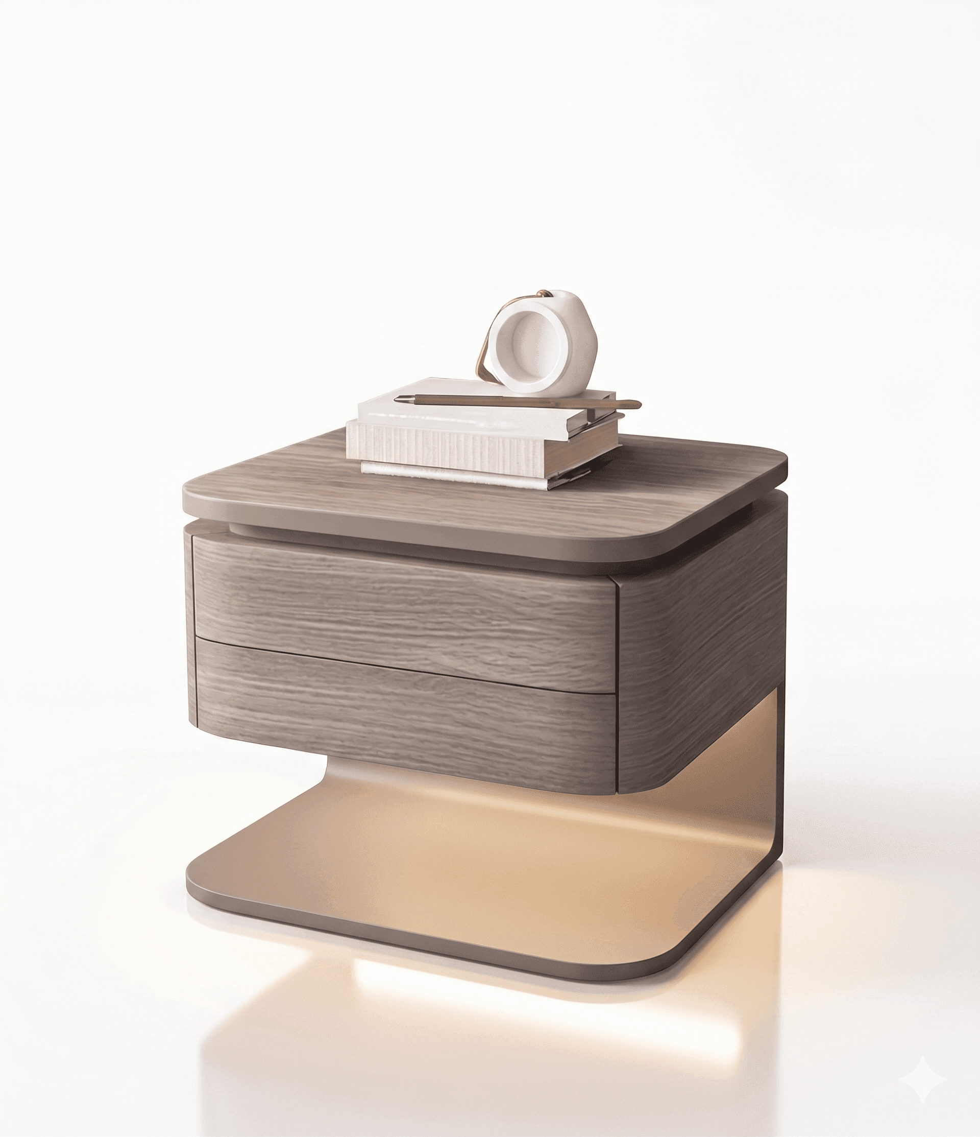 A modern nightstand featuring a rounded, wood-grained facade with two drawers. The top surface is fl… — 3D model
