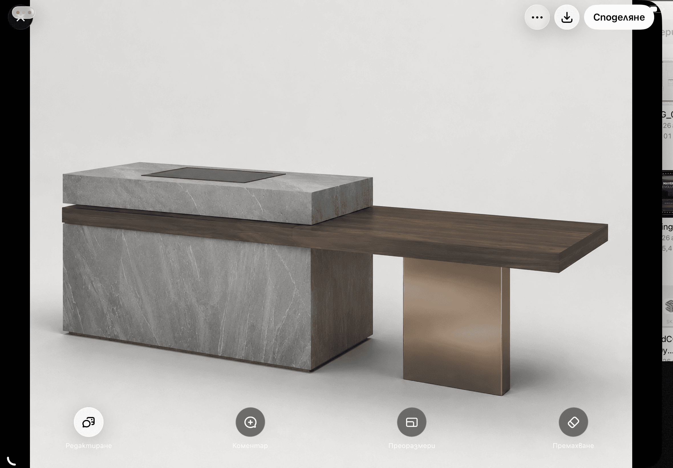 A modern executive desk featuring a substantial, monolithic grey stone block base that functions as… — 3D model