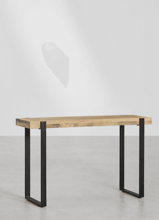A modern industrial-style bench featuring a solid rectangular wood slab top supported by two U-shape… — 3D model