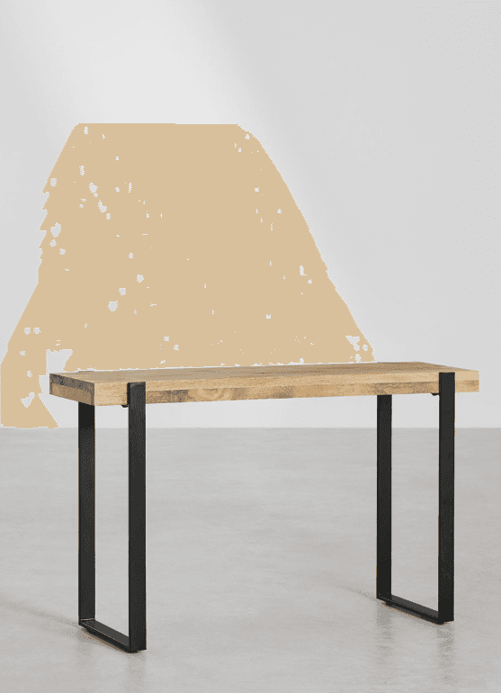 A modern industrial-style bench featuring a solid rectangular wood slab top supported by two U-shaped black metal legs. The wood exhibits natural grain patterns and a light finish, while the metal legs provide a clean, minimalist contrast. — 3D model