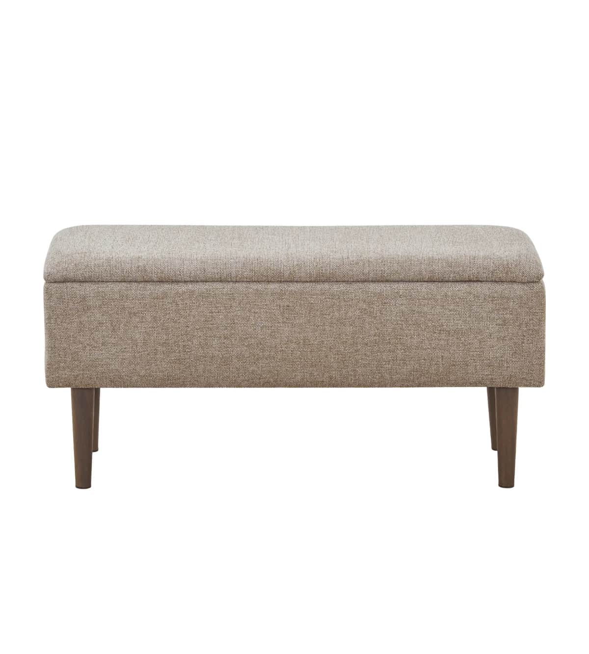 A rectangular upholstered storage bench featuring a hinged top and four splayed, tapered wooden legs… — 3D model