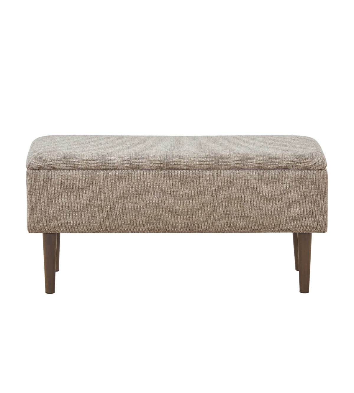A rectangular upholstered storage bench featuring a hinged top and four splayed, tapered wooden legs. The entire body is covered in a light brown, subtly textured woven fabric. — 3D model