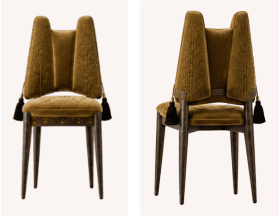 An opulent accent chair featuring a unique winged backrest design, upholstered in a rich olive green… — 3D model