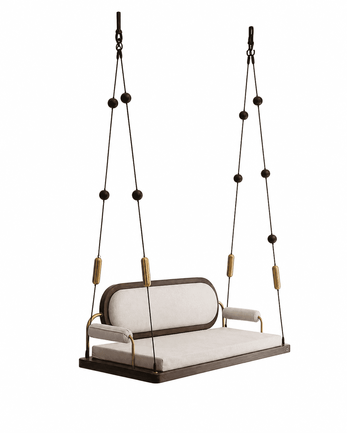 A modern hanging bench swing featuring a dark wood platform, light cream upholstered cushions for th… — 3D model
