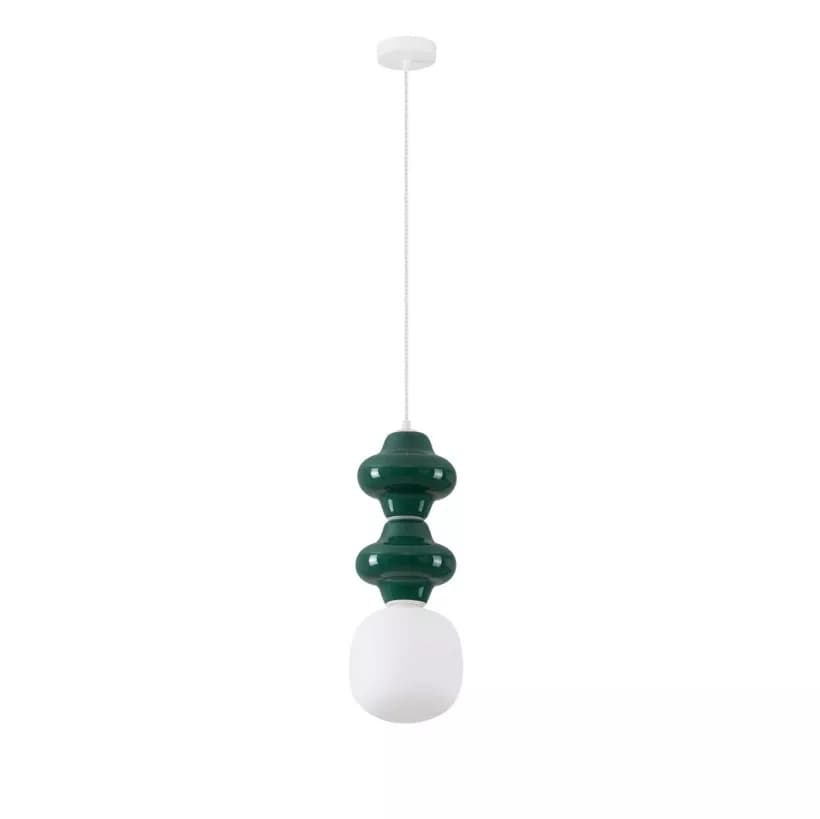 A pendant light fixture featuring a decorative, stackable design. The fixture has a white ceiling canopy and a white cord supporting two stacked, dark green, bulbous decorative elements. Below these decorative elements is a white, frosted glass globe which houses the light source. — 3D model