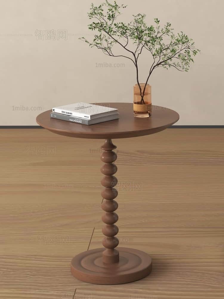 A round wooden table featuring a single, elaborately turned pedestal base and a circular plinth base… — 3D model