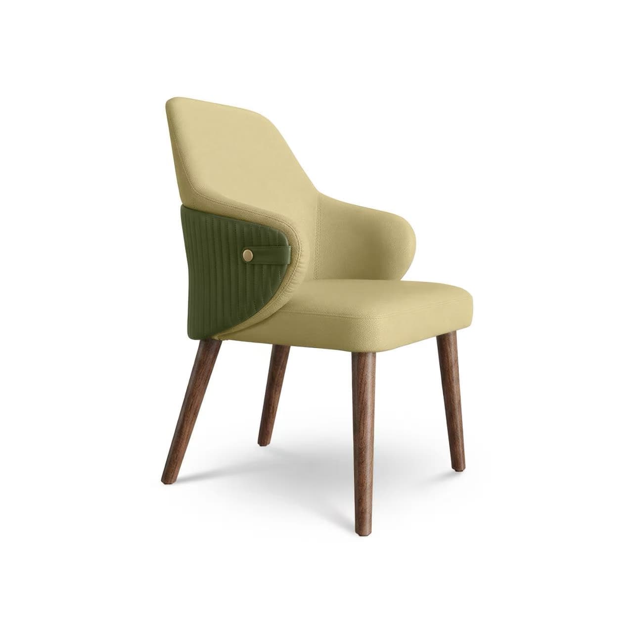 An upholstered arm dining chair featuring a pale yellow main upholstery complemented by a contrasting olive green panel on the exterior of the backrest. The olive green panel is vertically channel-tufted and secured with a brass-colored stud detail. The chair has a curved back and integrated armrests, and it is supported by four dark brown tapered wooden legs. — 3D model