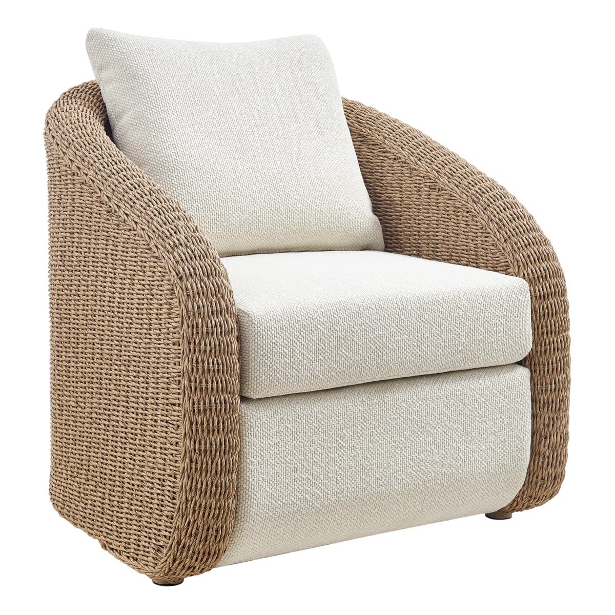 This is an armchair featuring a rounded, barrel-shaped frame constructed from tightly woven natural rattan or wicker. It includes a thick, removable seat cushion and a back cushion, both upholstered in a light-colored, textured fabric. The woven material forms the back and armrests in a continuous curve, while the interior and seat are designed for comfortable seating. Small, discreet feet support the base. — 3D model
