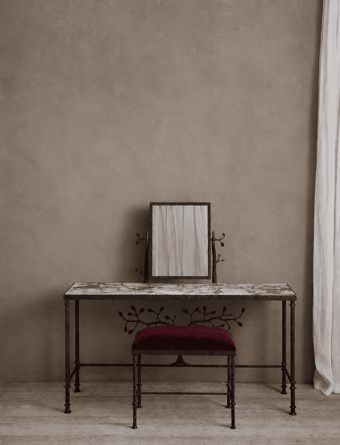 A decorative vanity set consisting of a dressing table with a marble top and a matching upholstered… — 3D model