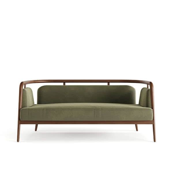 A contemporary loveseat featuring a prominent dark wood frame with a curved backrest and a minimalis… — 3D model