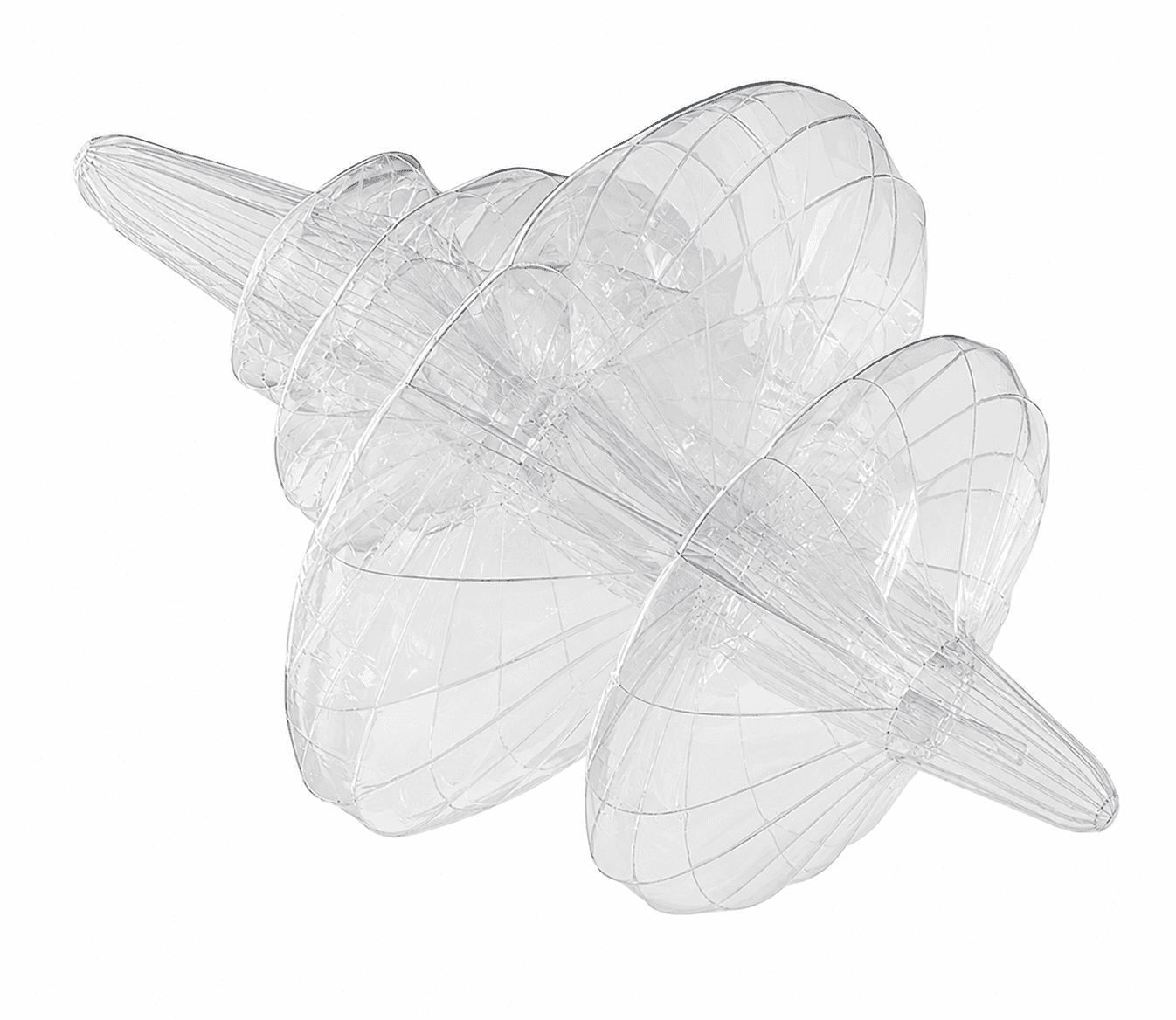 A clear, transparent sculptural pendant light composed of multiple stacked, undulating, balloon-like… — 3D model