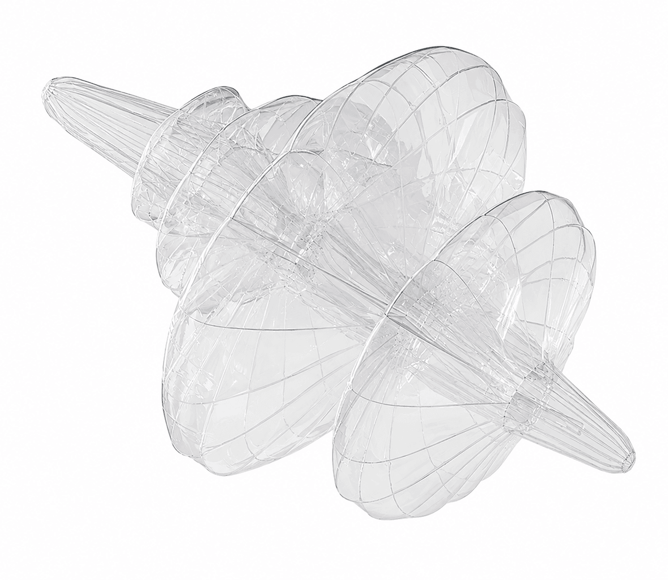 A clear, transparent sculptural pendant light composed of multiple stacked, undulating, balloon-like forms. Each form features an internal grid-like or ribbed structure visible through the clear material. The overall shape is elongated and organic, suggesting a contemporary and artistic design for a lighting fixture. — 3D model