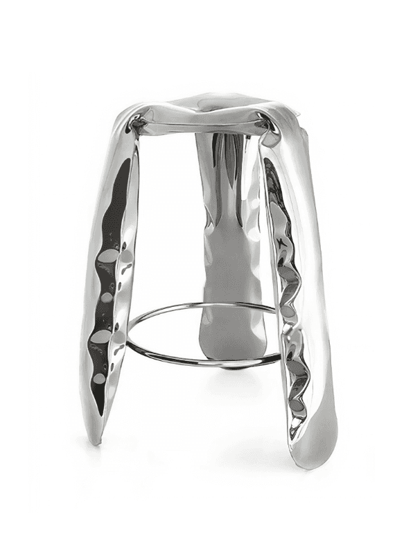 A modern, sculptural stool with a high-gloss metallic finish. The seat and legs have a fluid, irregu… — 3D model