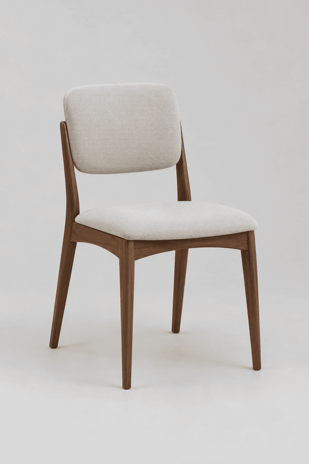 A contemporary armless chair featuring a dark walnut wood frame with tapered legs and a gently curve… — 3D model