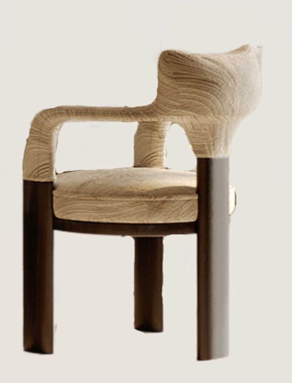 An armchair featuring a distinctive sculptural backrest and integrated armrests upholstered in a tex… — 3D model