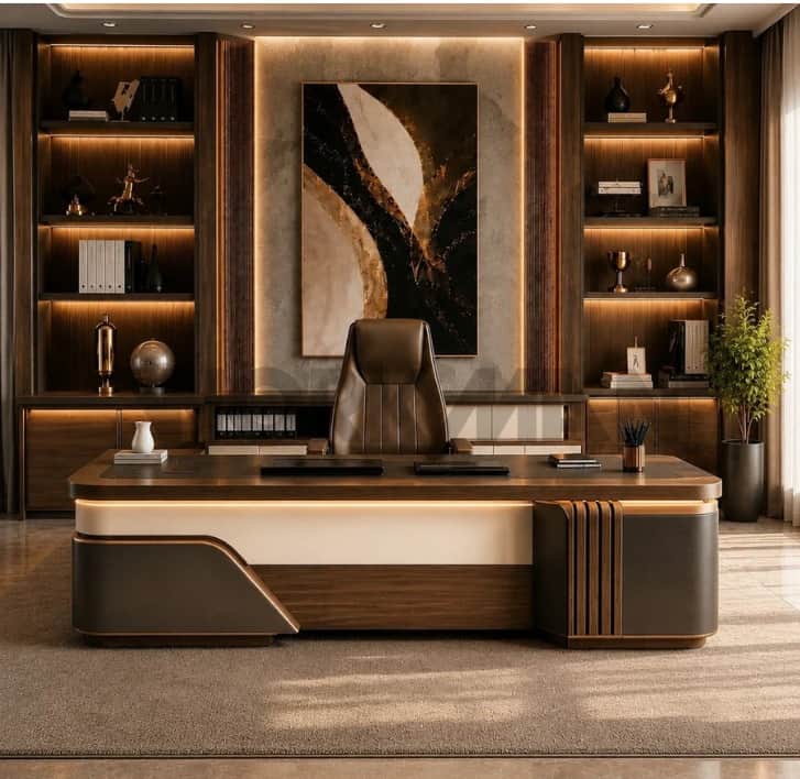 A sleek, elongated modern credenza or media console featuring dark wood veneer, a dark inset top pan… — 3D model