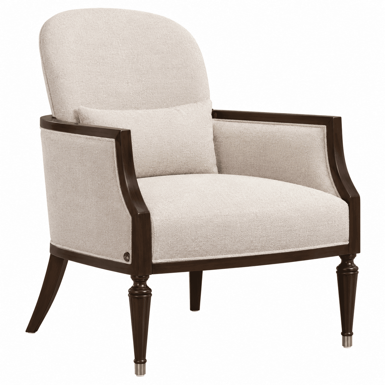 An upholstered armchair featuring a curved back, exposed dark wood frame, and light beige textured fabric. It includes a small matching lumbar pillow and stands on decorative wooden legs with brass caps. — 3D model