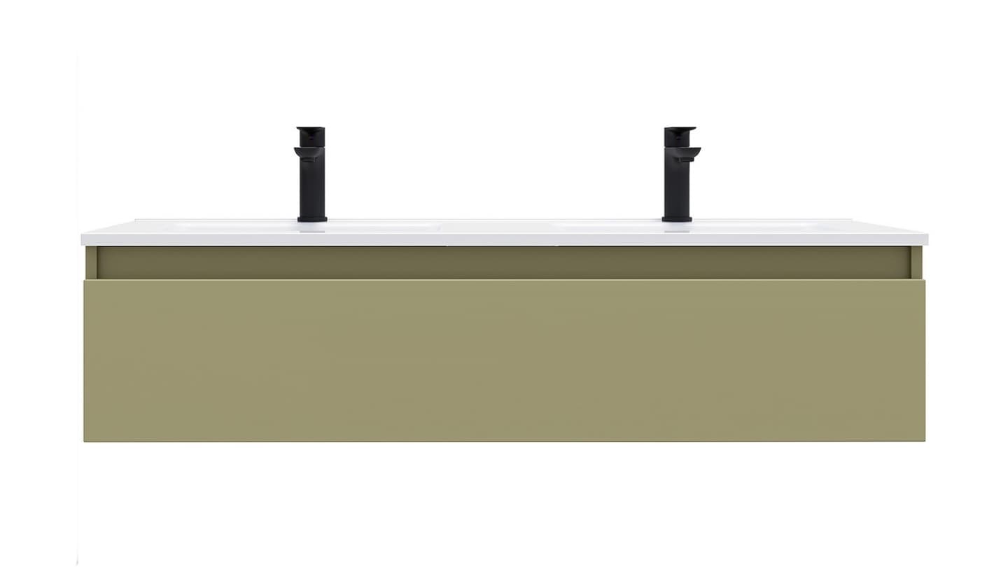 A modern wall-mounted double bathroom vanity featuring a white rectangular countertop with two integrated sinks, two matte black single-handle faucets, and a main cabinet finished in a muted olive green color. The design is sleek and minimalist. — 3D model