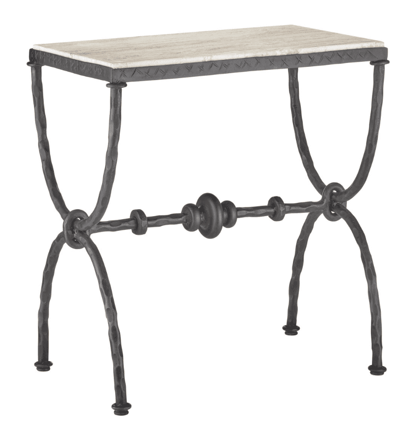 A rectangular console table featuring a light-colored, naturally veined marble top and a dark, hamme… — 3D model