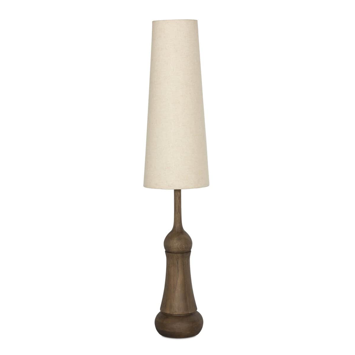 A tall floor lamp featuring a dark brown, distressed turned wood base that supports a tall, conical… — free STL 3D model