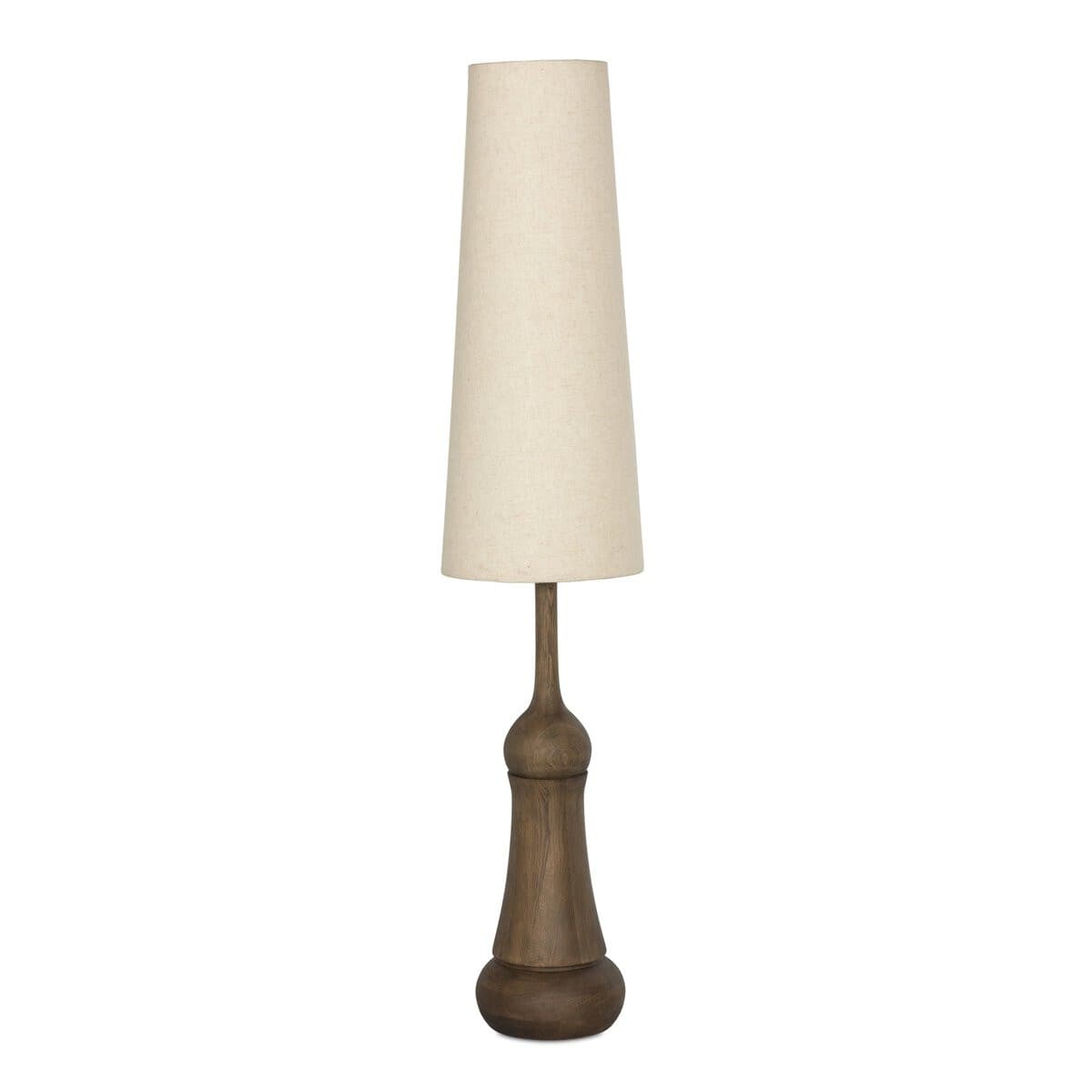 A tall floor lamp featuring a dark brown, distressed turned wood base that supports a tall, conical fabric shade in a light cream or beige color. The base has a distinctive carved and bulbous shape, and the overall profile is slender and elegant. — 3D model