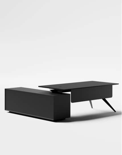A sleek, modern executive desk featuring a matte black finish. The design incorporates a rectangular… — 3D model