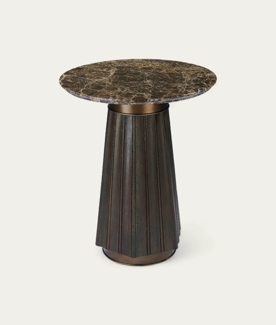 A round accent table featuring a dark, veined marble top supported by a flared, fluted pedestal base… — 3D model