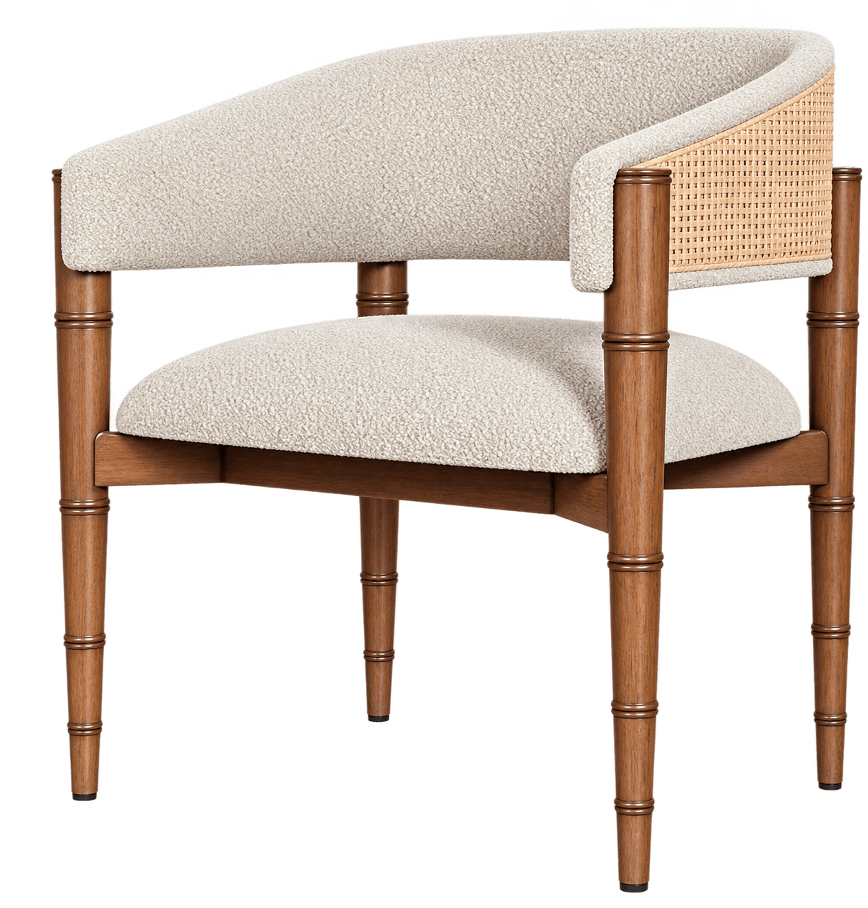 A contemporary armchair featuring a curved backrest with a cane inset panel and full boucle fabric u… — 3D model