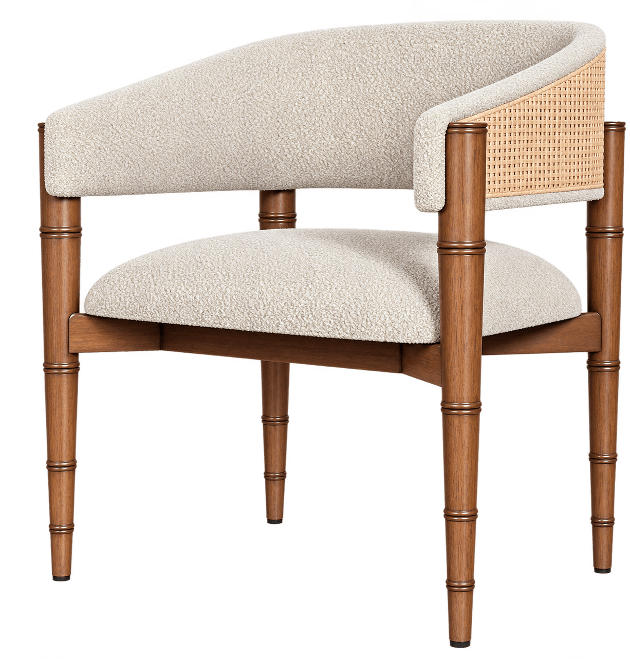 A contemporary armchair featuring a curved backrest with a cane inset panel and full boucle fabric upholstery. The chair is supported by a solid wood frame with distinctive bamboo-turned legs, presenting a blend of natural textures and modern design. — 3D model