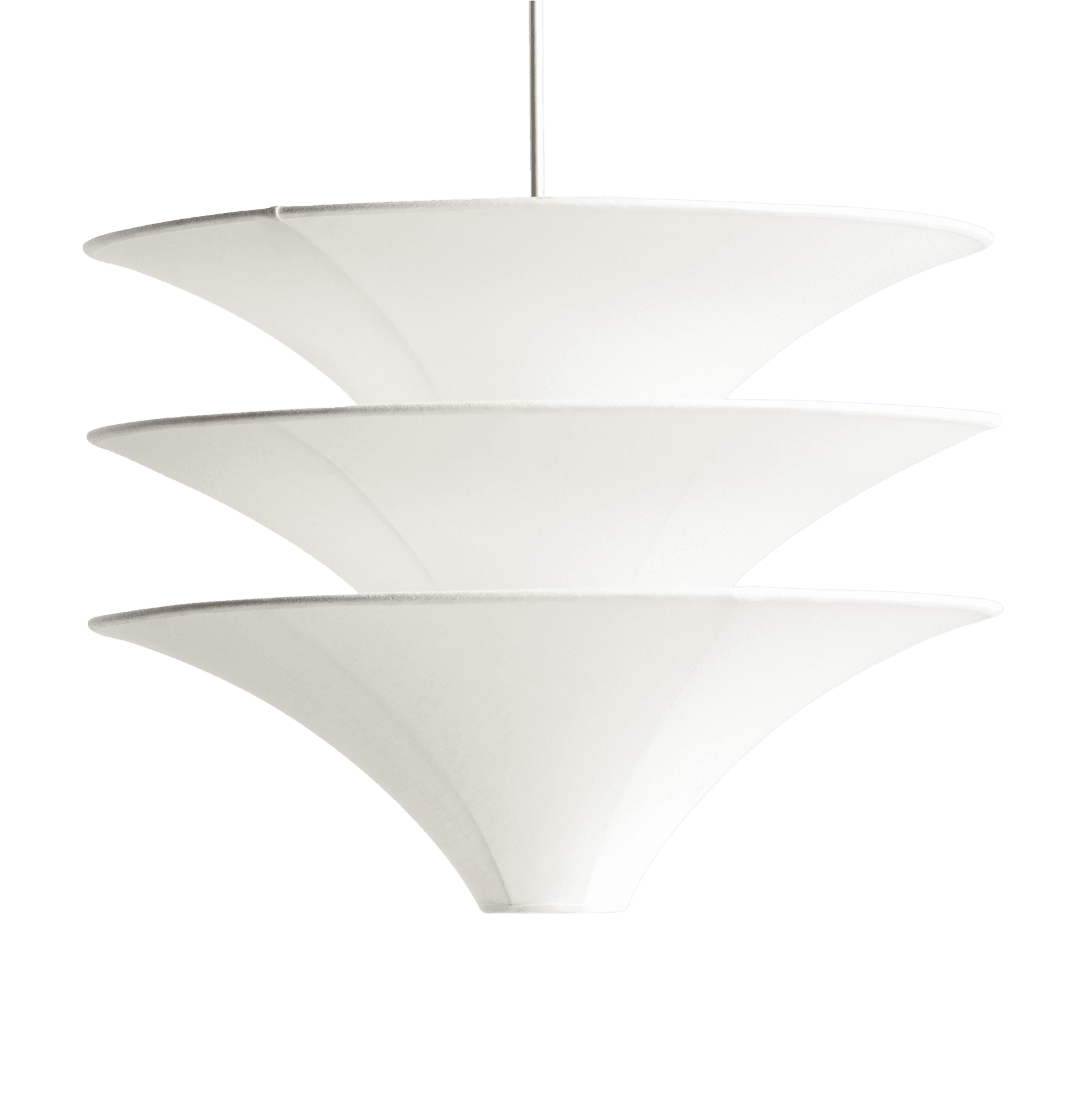 A modern pendant light featuring three progressively smaller, tiered conical shades made of translucent white material, suspended from a single cord. The shades are stacked, creating a layered effect that likely diffuses light evenly. — 3D model