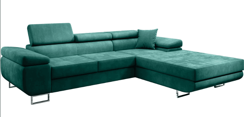 A modular sectional sofa in a teal hue. The sofa features plush cushions with a tufted design on the seat and chaise. It has adjustable headrests and wide armrests. The base is supported by sleek, angular chrome legs. A single decorative pillow is placed on the chaise section. — 3D model