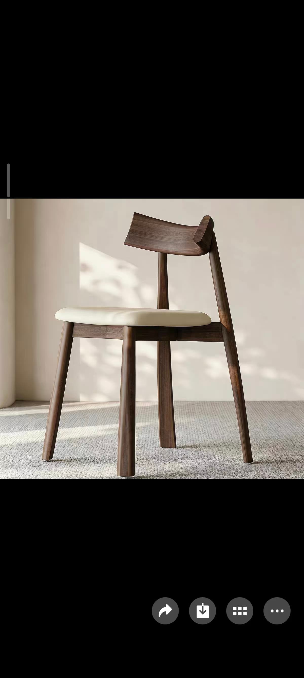A modern dining chair featuring a dark brown wooden frame and a light cream-colored upholstered seat. The chair has a minimalist design with tapered legs and a low, gently curved wooden backrest. — 3D model