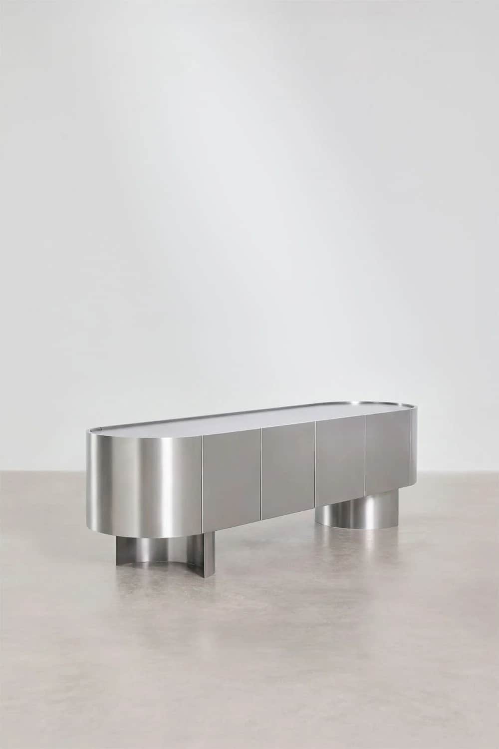 A contemporary sideboard with a sleek, elongated oval form. It features a brushed metal exterior wit… — 3D model