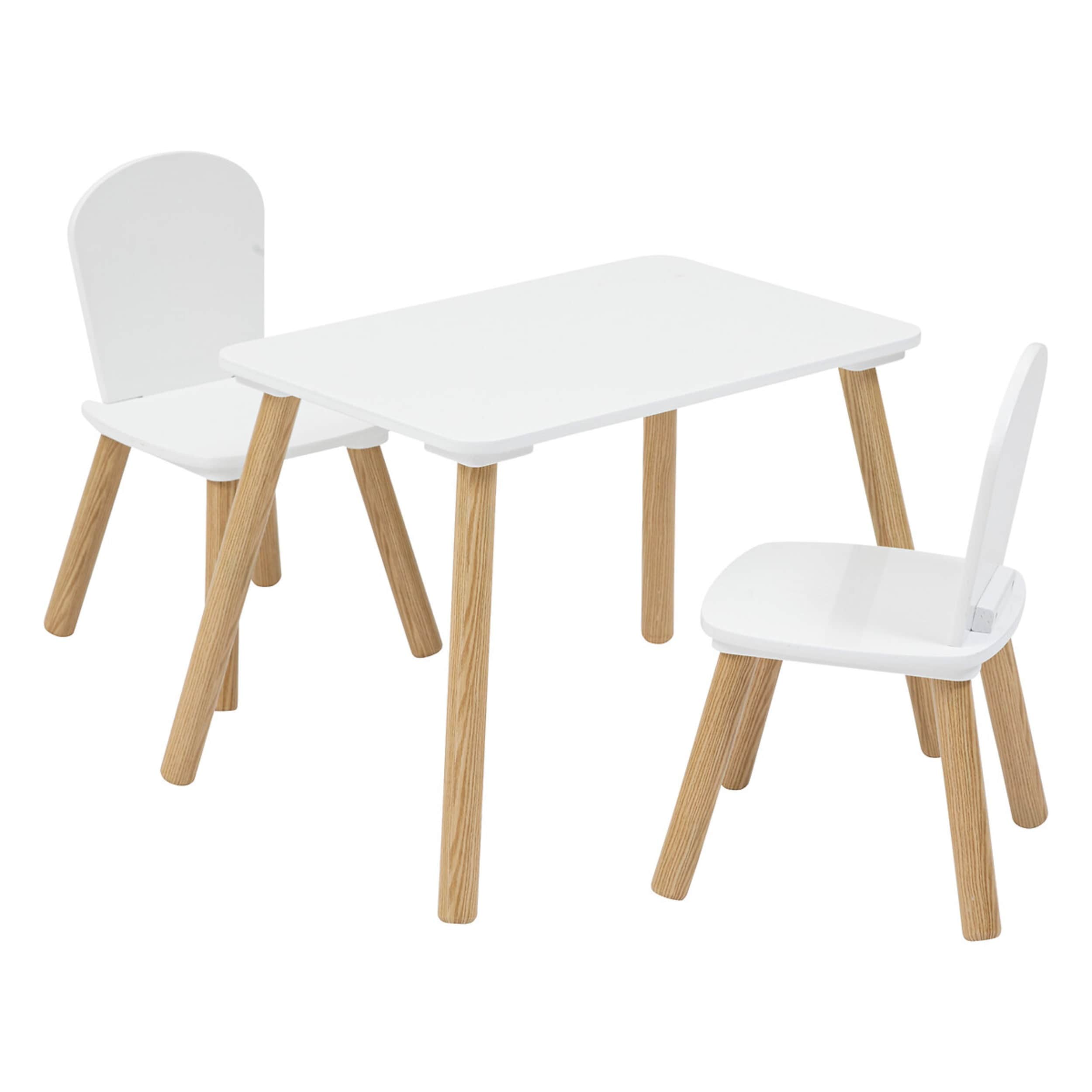 A minimalist children's table and two chair set, featuring white rectangular surfaces and splayed na… — 3D model