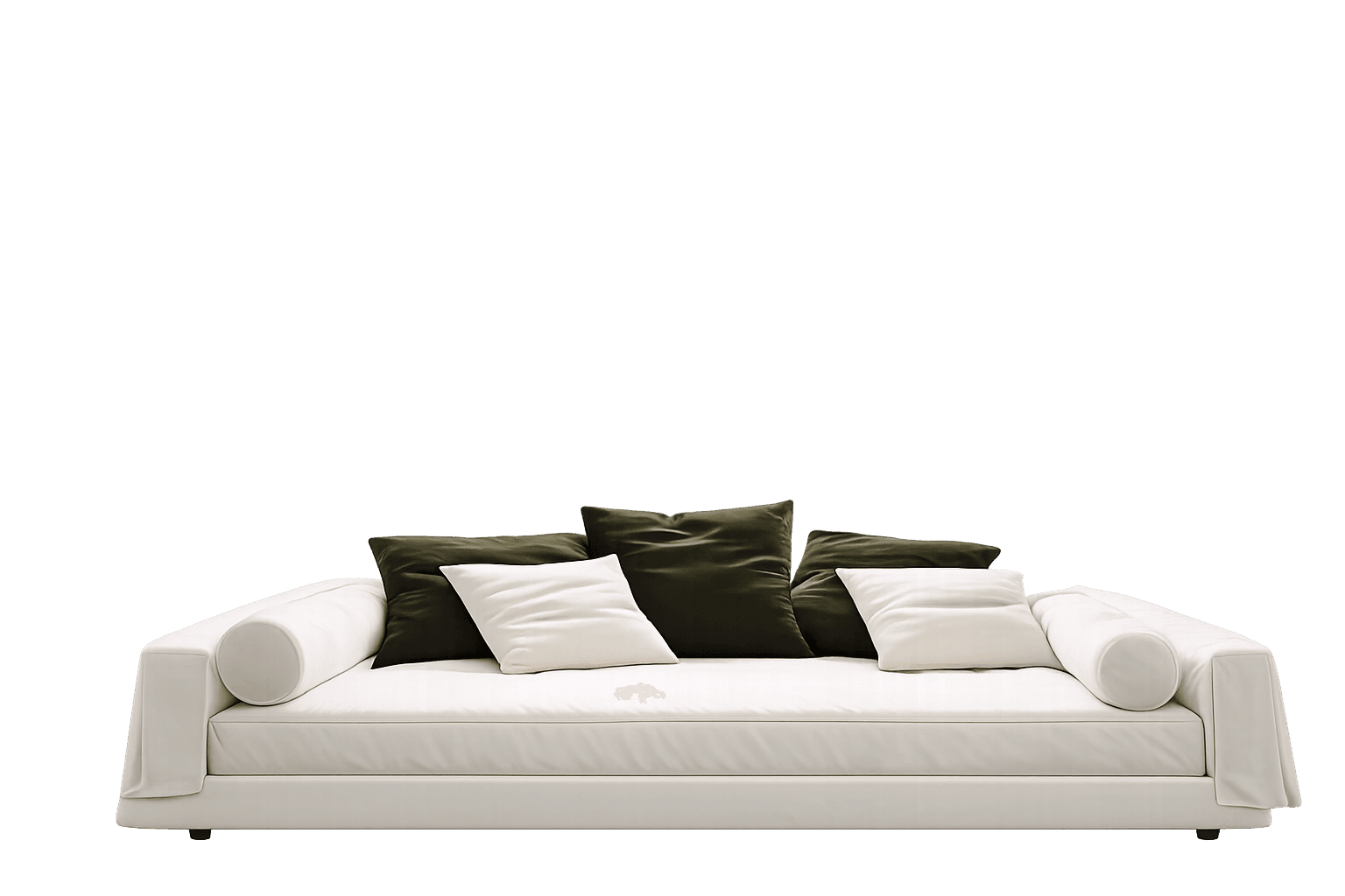 A modern, minimalist sofa featuring a low-profile design and clean lines. It is upholstered in a light, possibly cream or off-white, fabric and includes cylindrical bolster armrests. The sofa is adorned with a collection of loose back cushions, some in a dark olive green, possibly velvet, and others matching the main upholstery in cream or off-white. — 3D model