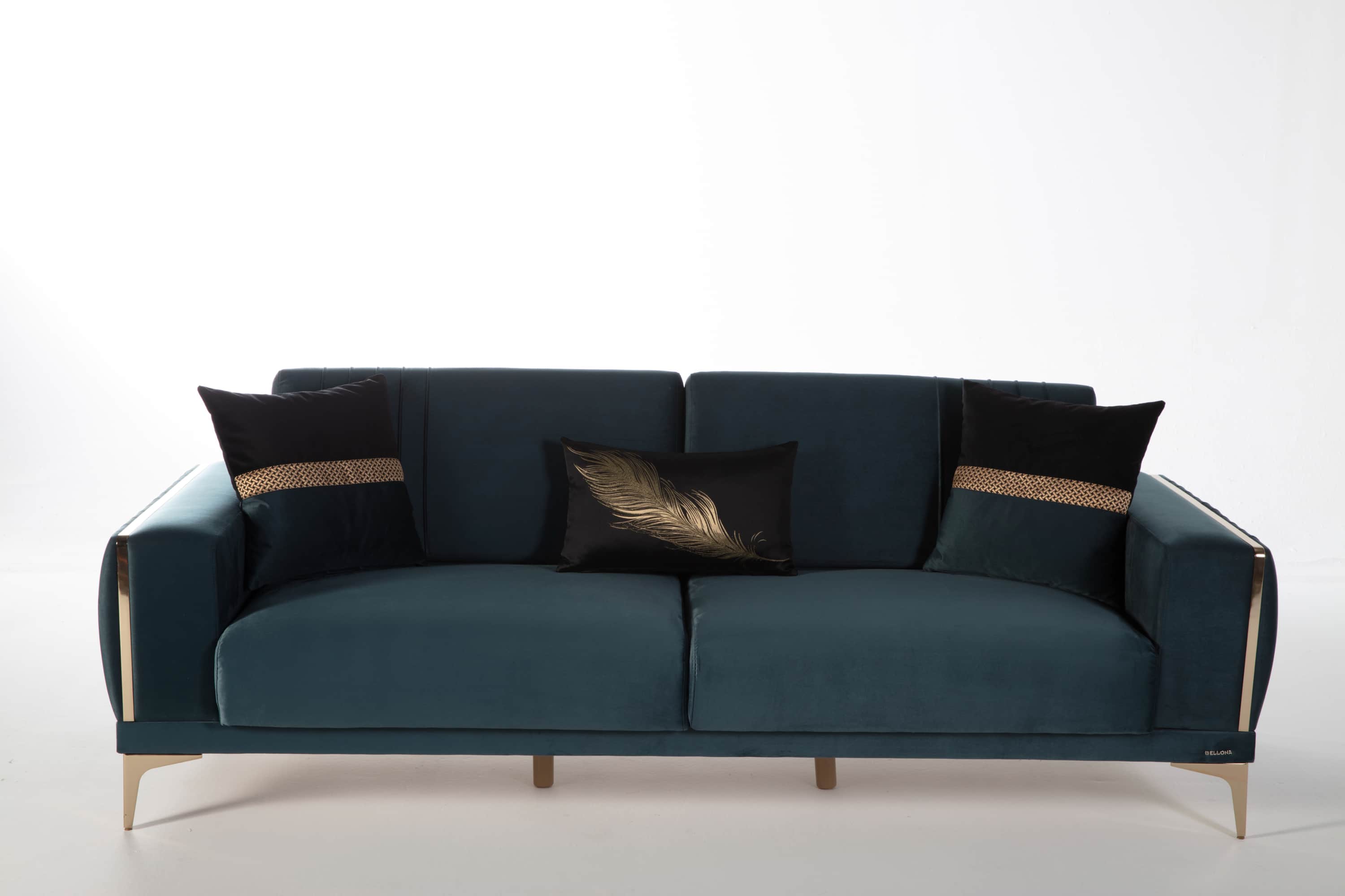 A modern, upholstered three-seater sofa in a deep teal velvet fabric. The sofa features a clean-line… — free OBJ 3D model