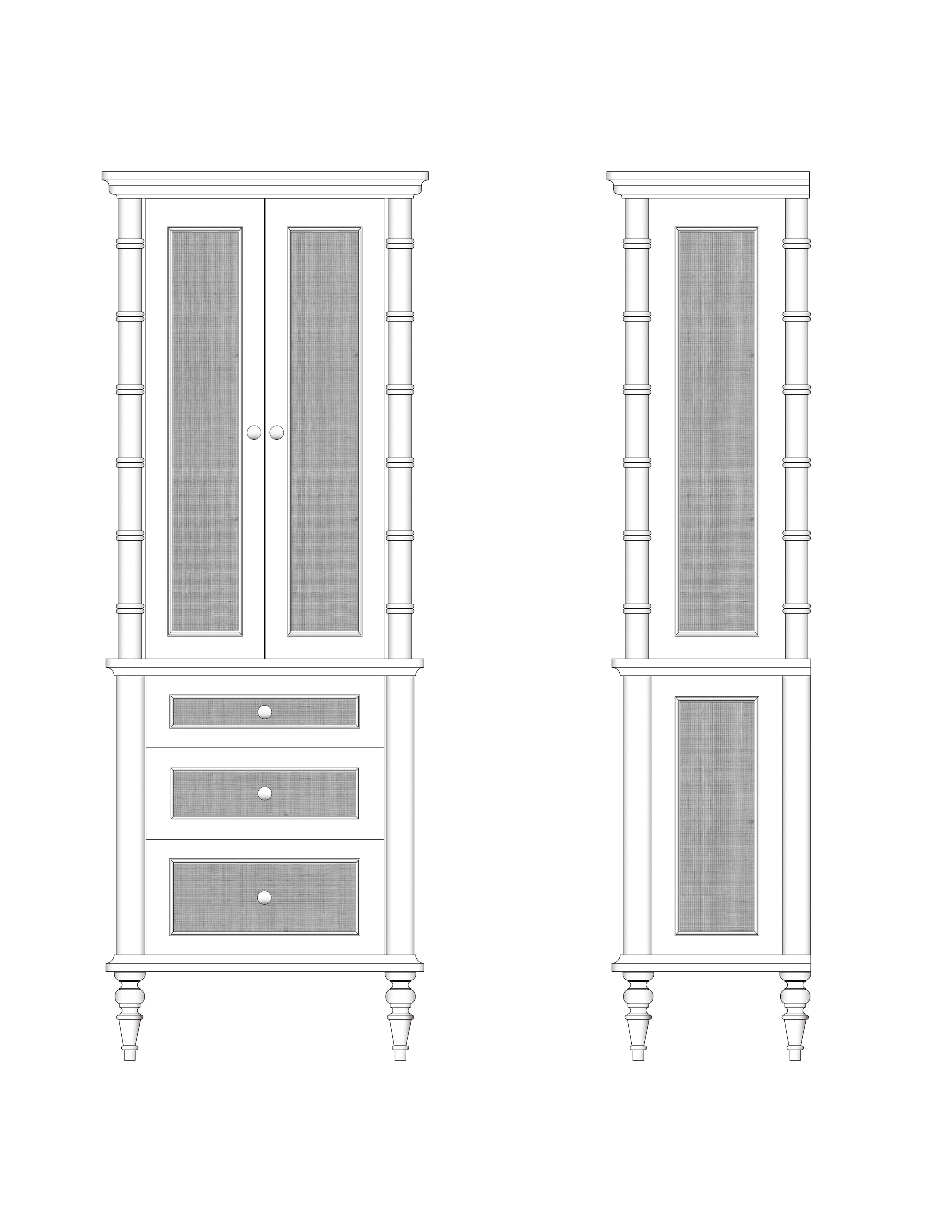 A tall, off-white storage cabinet featuring a two-door upper section and three drawers below. The doors and drawers have recessed panels with a grey woven or mesh insert. The frame is adorned with decorative bamboo-style vertical elements. The cabinet stands on four turned bun feet. — 3D model