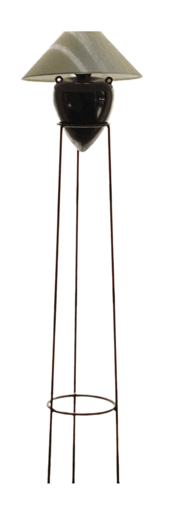 A tall, slender floor lamp featuring a dark, spherical main body, a light-colored conical shade, and a minimalist tripod base constructed from thin metal rods. A circular ring connects the base rods towards the bottom for stability. — 3D model