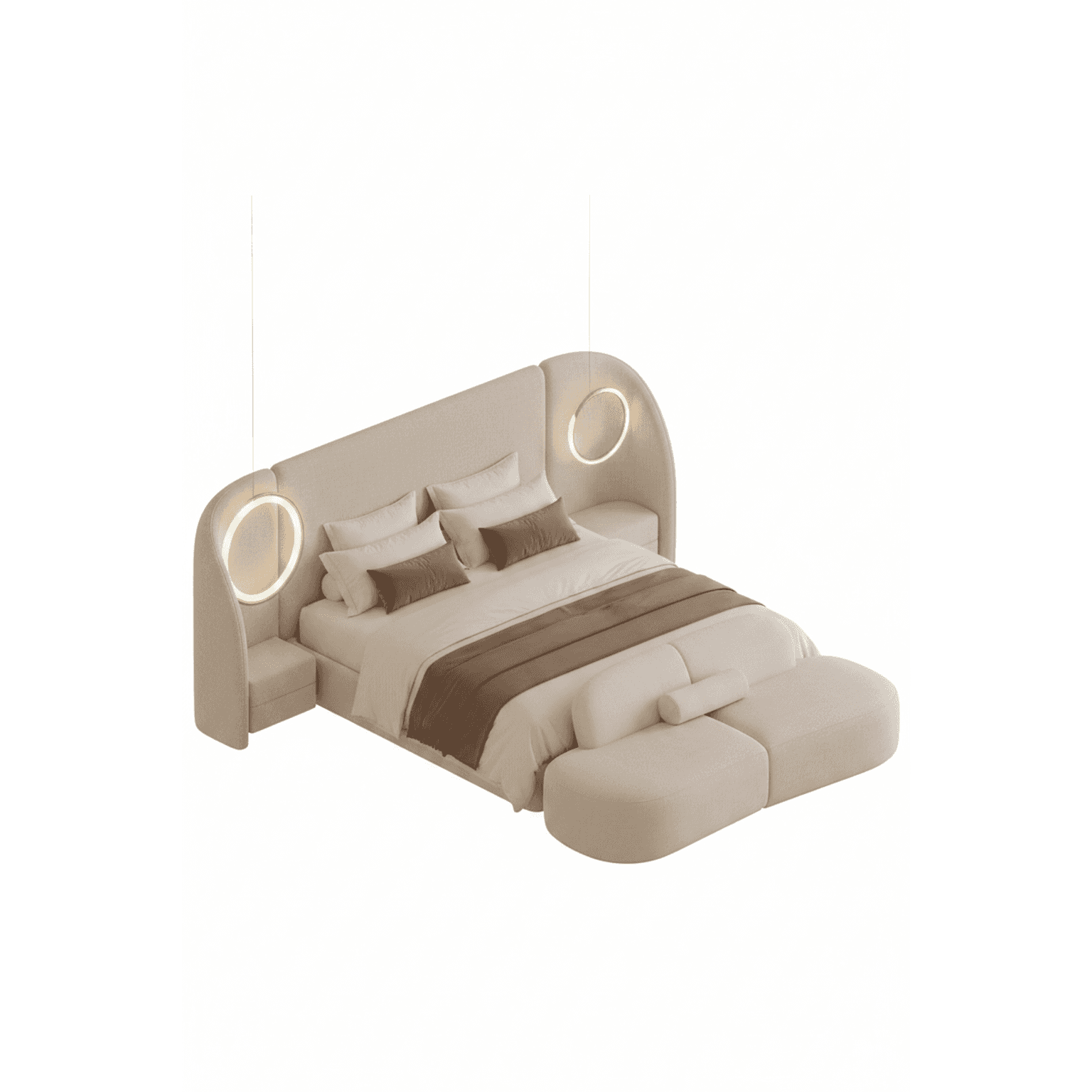 A contemporary upholstered platform bed featuring a curvilinear headboard that seamlessly integrates… — 3D model