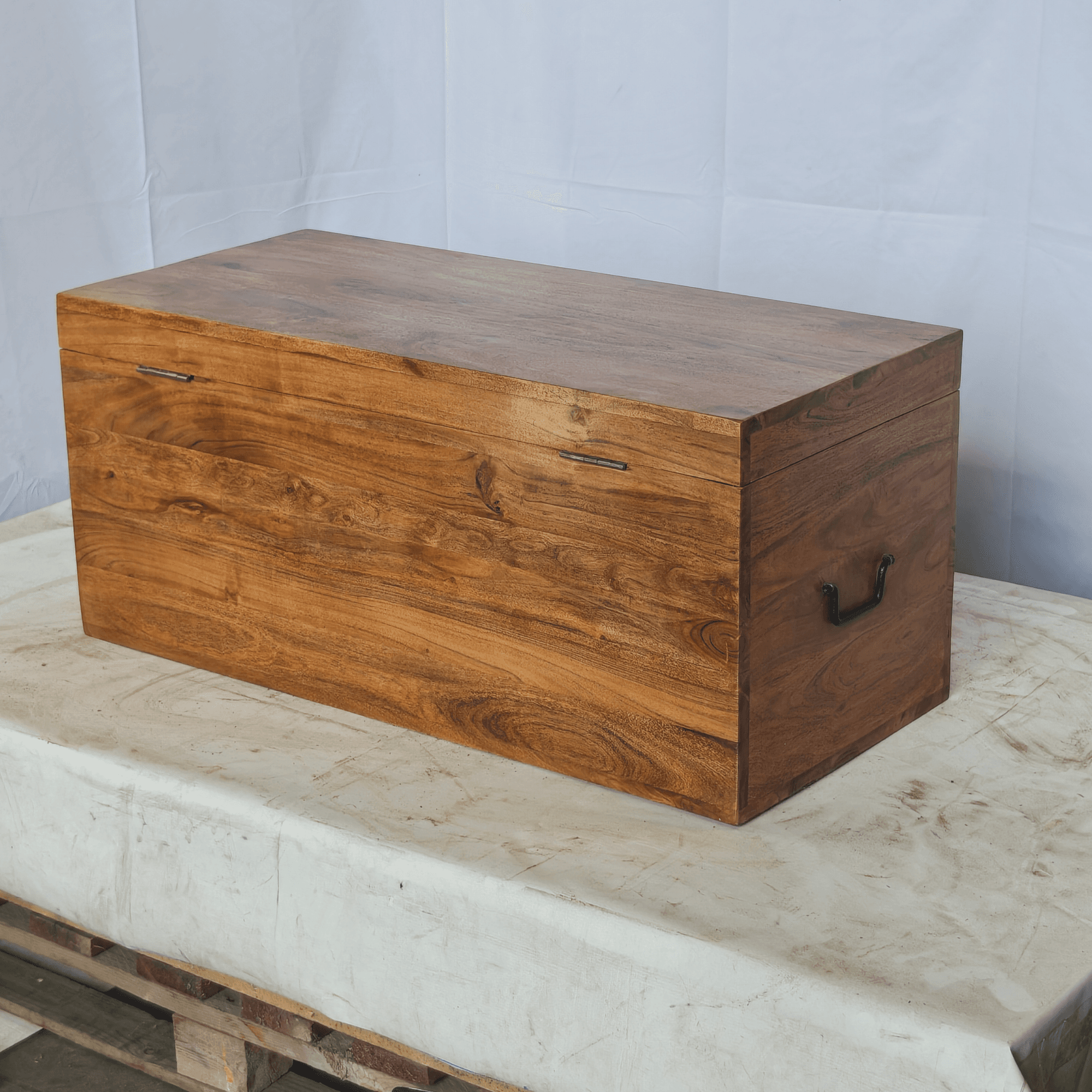 A rectangular storage chest crafted from solid wood, featuring a natural, warm brown finish with prominent wood grain and knot details. The chest has a hinged lid that sits flush when closed, and dark, possibly forged iron, pull handles are visible on the short sides. The overall design suggests a rustic or farmhouse aesthetic, emphasizing natural materials and robust construction. — 3D model