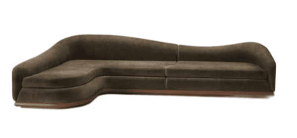 A long, modular sectional sofa with a sinuous, organic shape. It features a low profile with rounded edges and a continuous armrest/backrest design that flows into the seating areas. The base appears to be constructed of wood. — 3D model