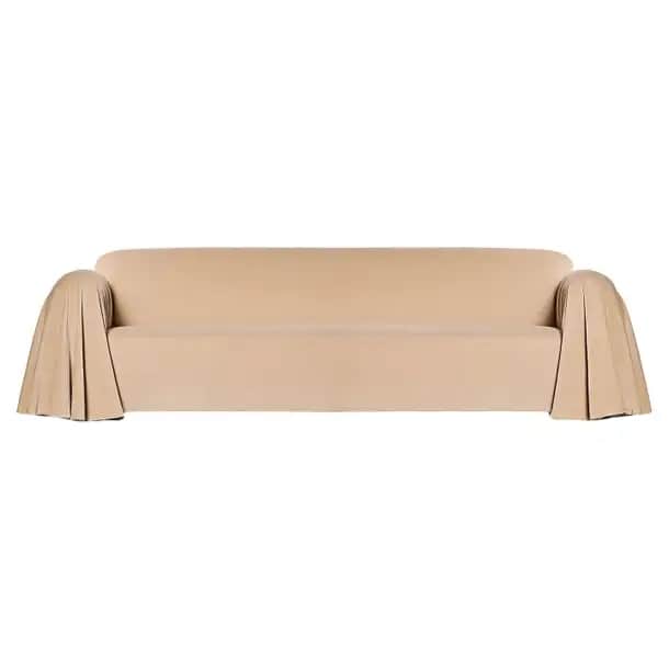 A minimalist two to three-seater sofa characterized by a soft, draped fabric cover in a light beige… — free GLTF 3D model