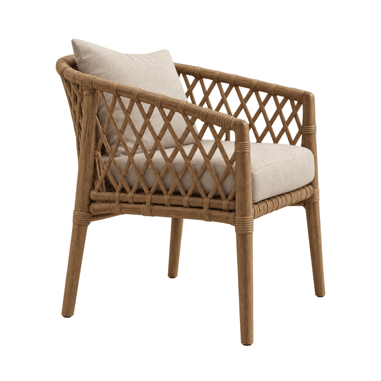 A contemporary accent armchair featuring a natural rattan frame with a distinctive woven pattern and… — free STL 3D model
