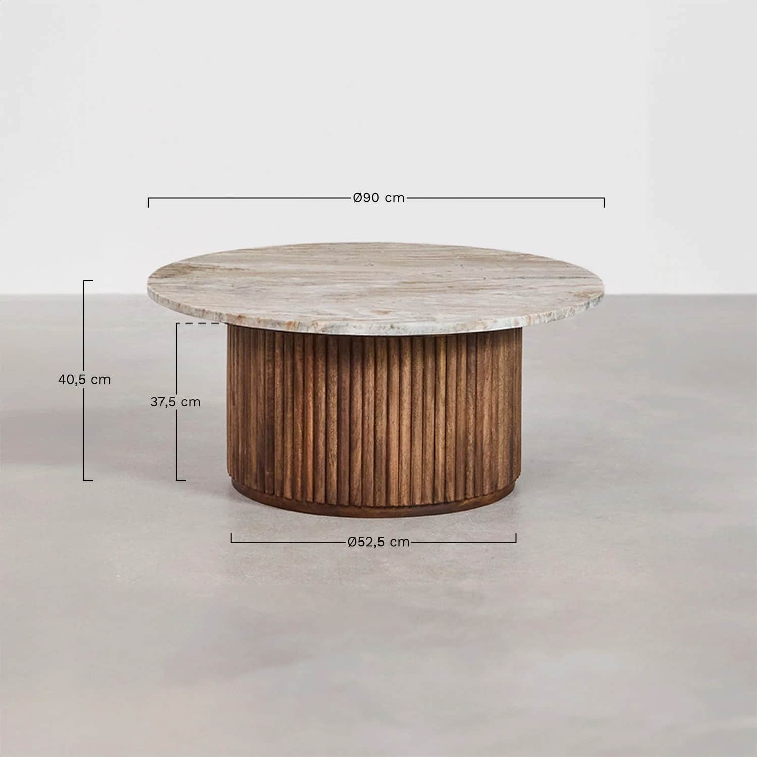 A round coffee table featuring a natural marble top with varied veining and a cylindrical base const… — 3D model