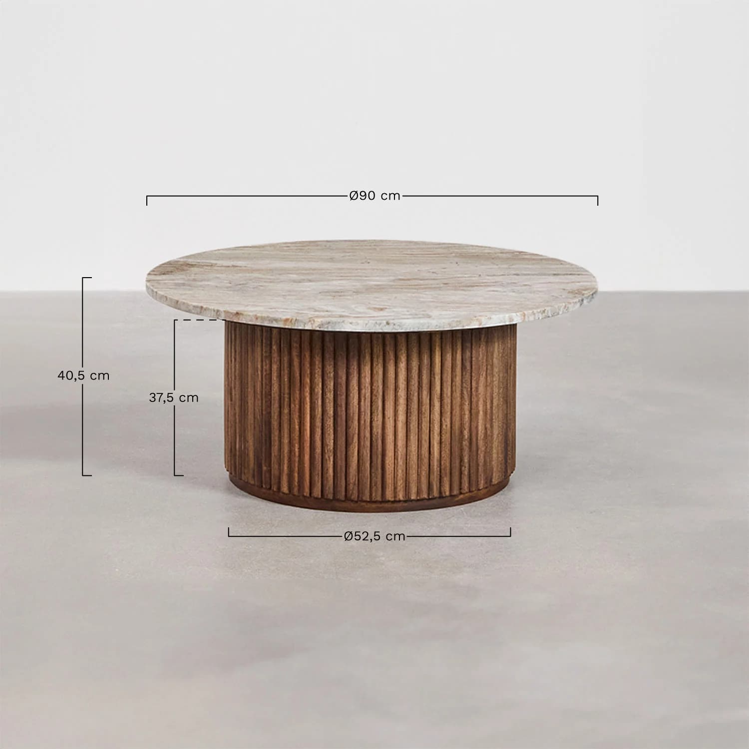 A round coffee table featuring a natural marble top with varied veining and a cylindrical base constructed from vertical fluted wooden slats. The table is relatively low, suitable for a living room setting. — 3D model